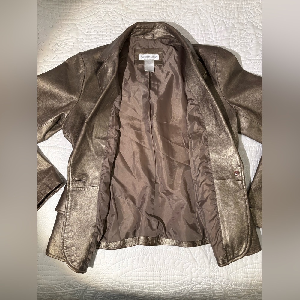 Worthington Metallic Lambskin Genuine Leather Blazer Y2K Glam Statement Jacket - Picture 5 of 12
